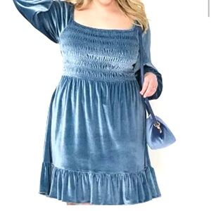 LC Lauren Conrad Smocked Flounce-Hem Blue Velvet Dress XL